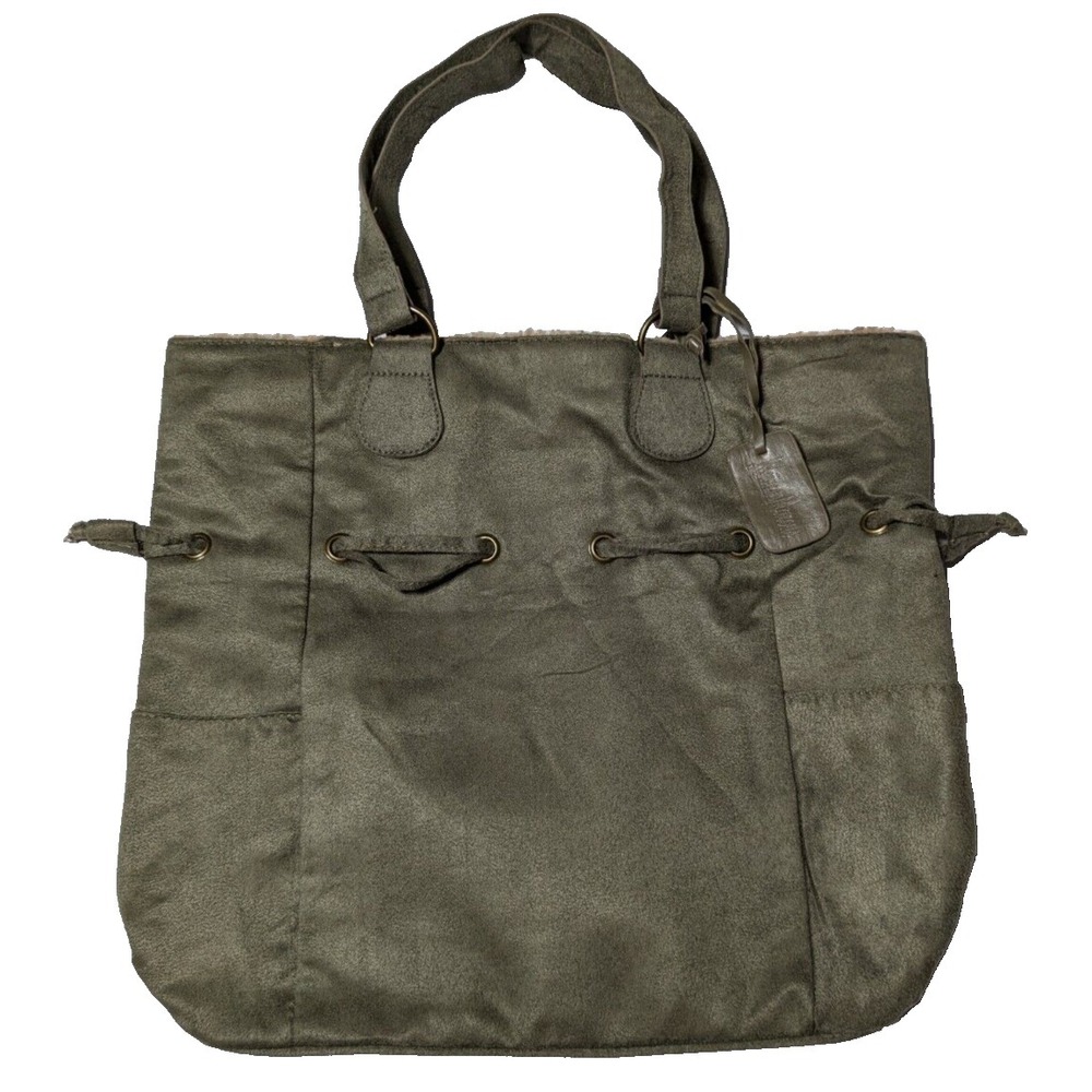 NEIMAN MARCUS Women Green Faux Suede Faux Fur Trim Tote Bag
